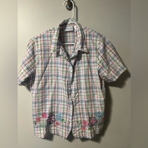 Adorable Alfred Dunner Red and Blue green embroidered button up Plaid Blouse